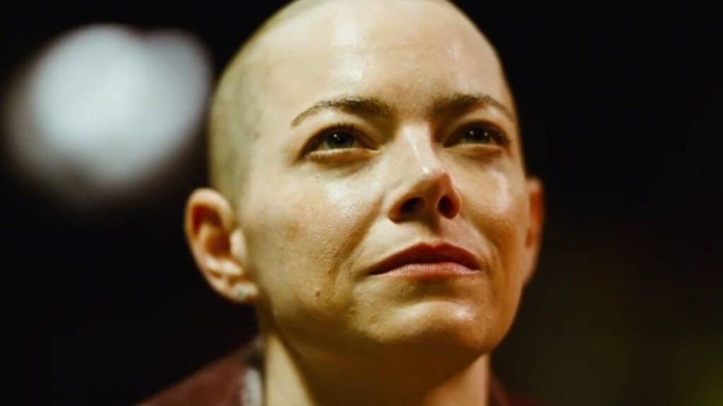 Emma Stone shows off her new bald head in the black comedy film BUGONIA.